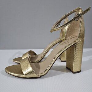 Sam Edelman Yaro Block Heel Sandal Women 11 Gold Snake Embossed Metallic Evening